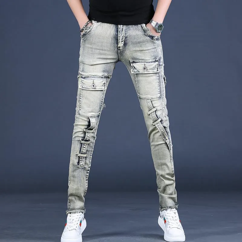 

Men Streetwear Washed Workwear Jeans Scraped Edges Slim Fit Long Denim Pants Men Y2k Korean Fashion Jean Trousers