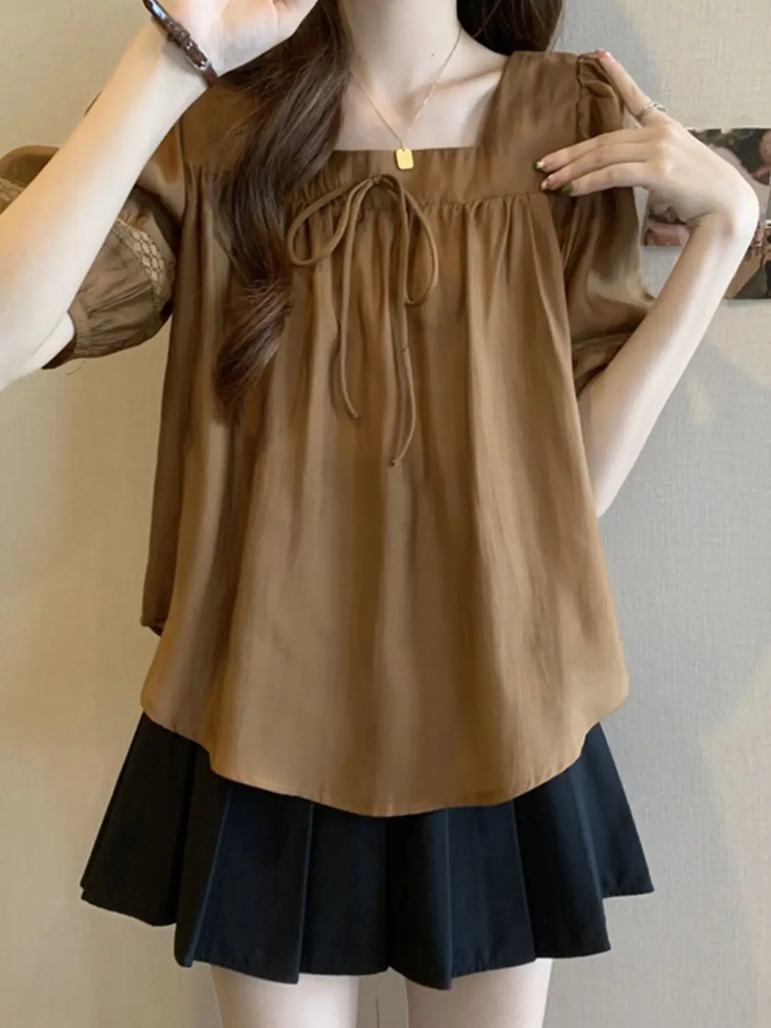 

Summer Large Size Loose Top French Square Collar Puff Sleeve Chiffon Shirt for Women Short-sleeved