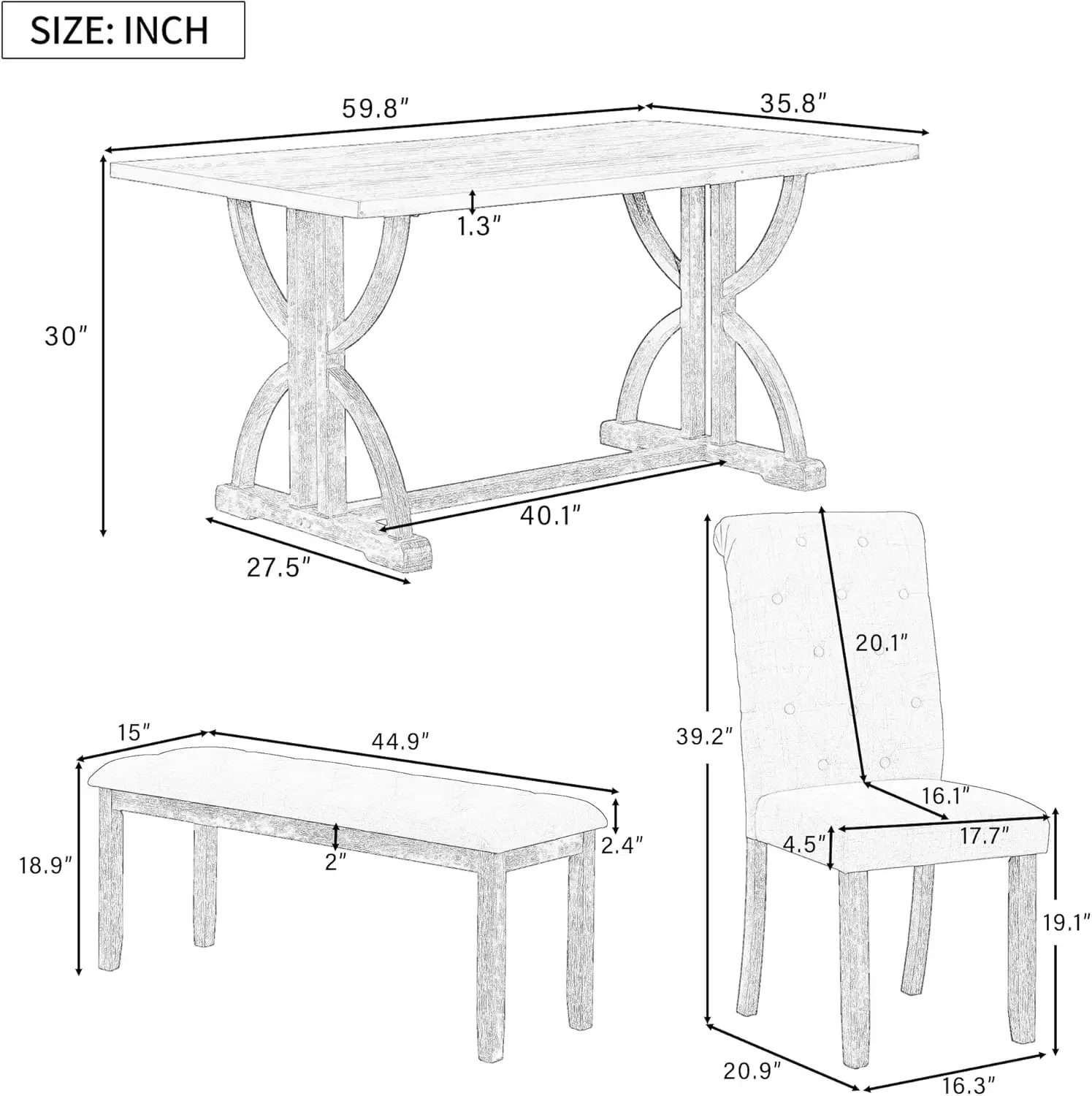 Set tavolo da pranzo in legno da 6 pezzi con panca, tavolo rettangolare retrò con gambe uniche e 4 sedie imbottite 1 panca Sala da pranzo