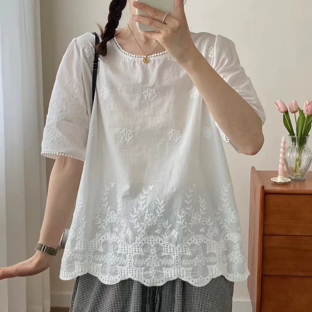 

Japanese Sweet Mori Girl Lace Embroidery 100% Cotton Shirts Women Summer Solid Color O-Neck Short Sleeve Casual Loose Blouse