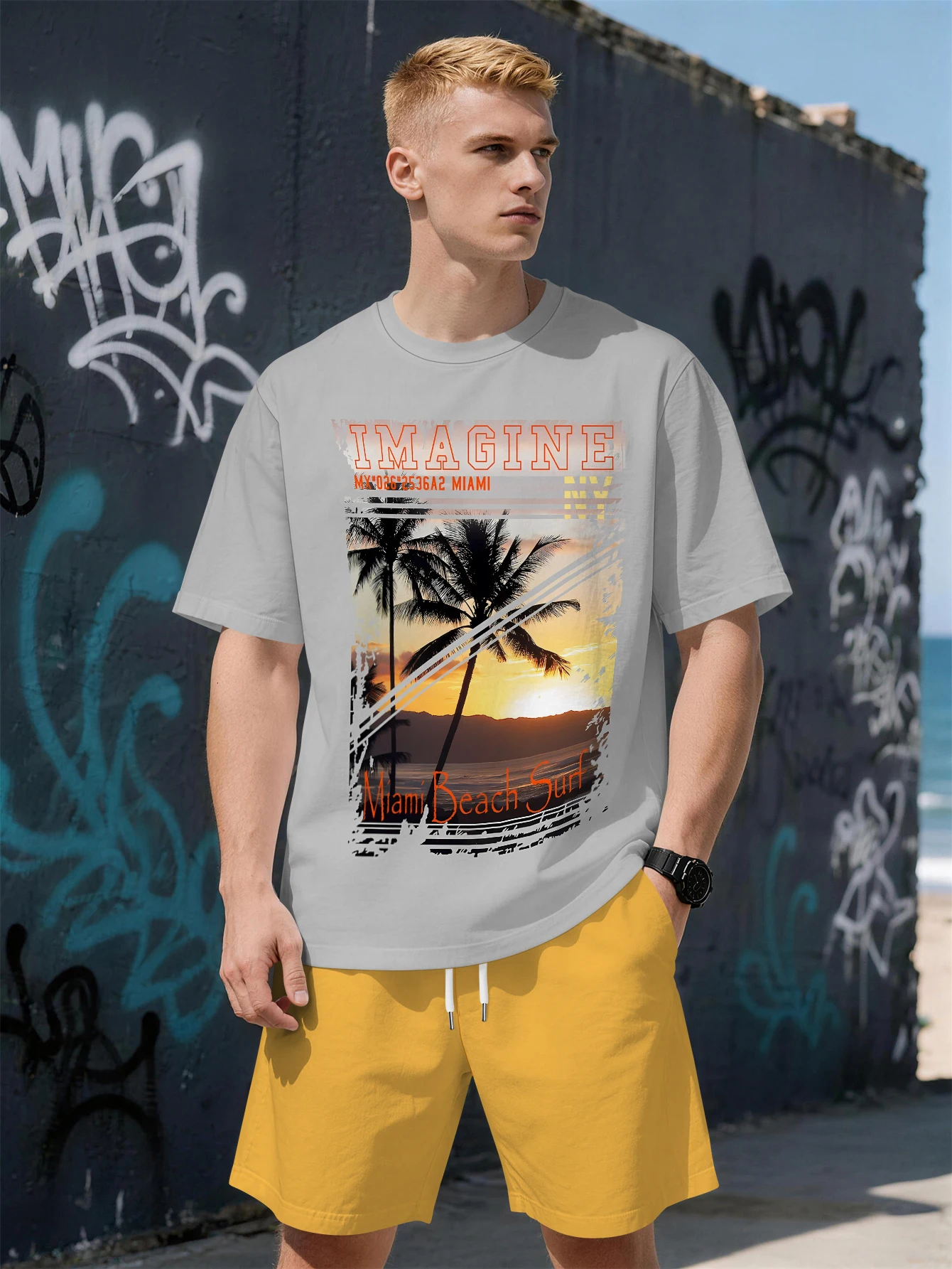 

2026 Summer New Men's Short-Sleeved Set - 3D Beach Style Letter Print - Fashionable Comfortable Lightweight and Soft