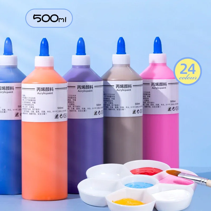 24 Color 500ml Large Capacity Bottled Acrylic Pigment Squeezing Children's Painting Gypsum Doll Wall Painting Art Supplies