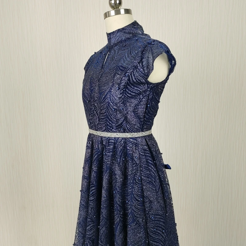 Customized Real Photo Flower Girl Dress Navy Blue Glitter High neck Sleeveless Lace up A-line Floor Length Kid Gowns TZ025