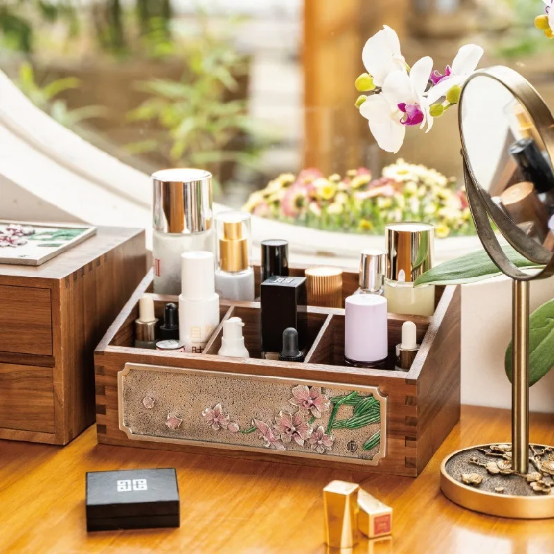 

Black Walnut Wood Storage Box Modern Living Room Makeup Organizer Multi-Functional Vanity Tray & Cosmetic Jewelry Decoration