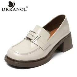 DRKANOL 2024 Women Thick High Heel Loafers Genuine Leather Round Toe Slip On Pumps Ladies Patent Leather Trend Casual Shoes