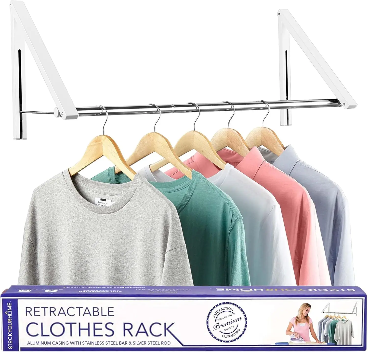 

Foldable Wall-Mounted Clothes Rack with Extension Rod, Retractable Hanger for Laundry Room, Dorm Accessories in White