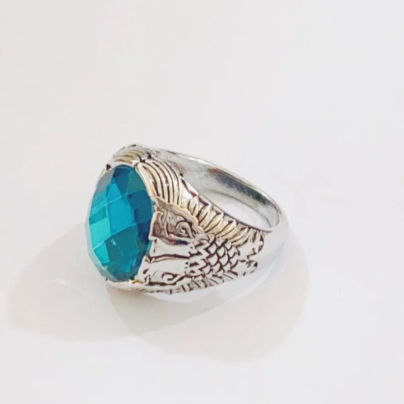 Retro Multi Cut large Gemstone Men's Domineering Ring, Exquisite Totem Carving Jewelry image 3