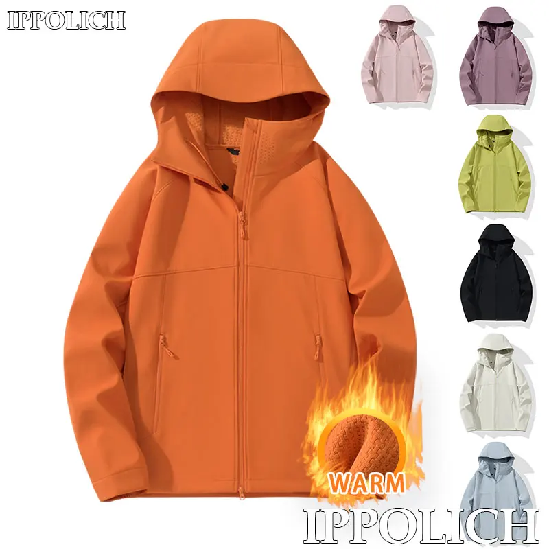 

Outdoor Hooded Jacket Waterproof Winter Men Jacket Female Outdoor Waterproof Sports Jacket Solid Color Inner Fleece Lining Warm