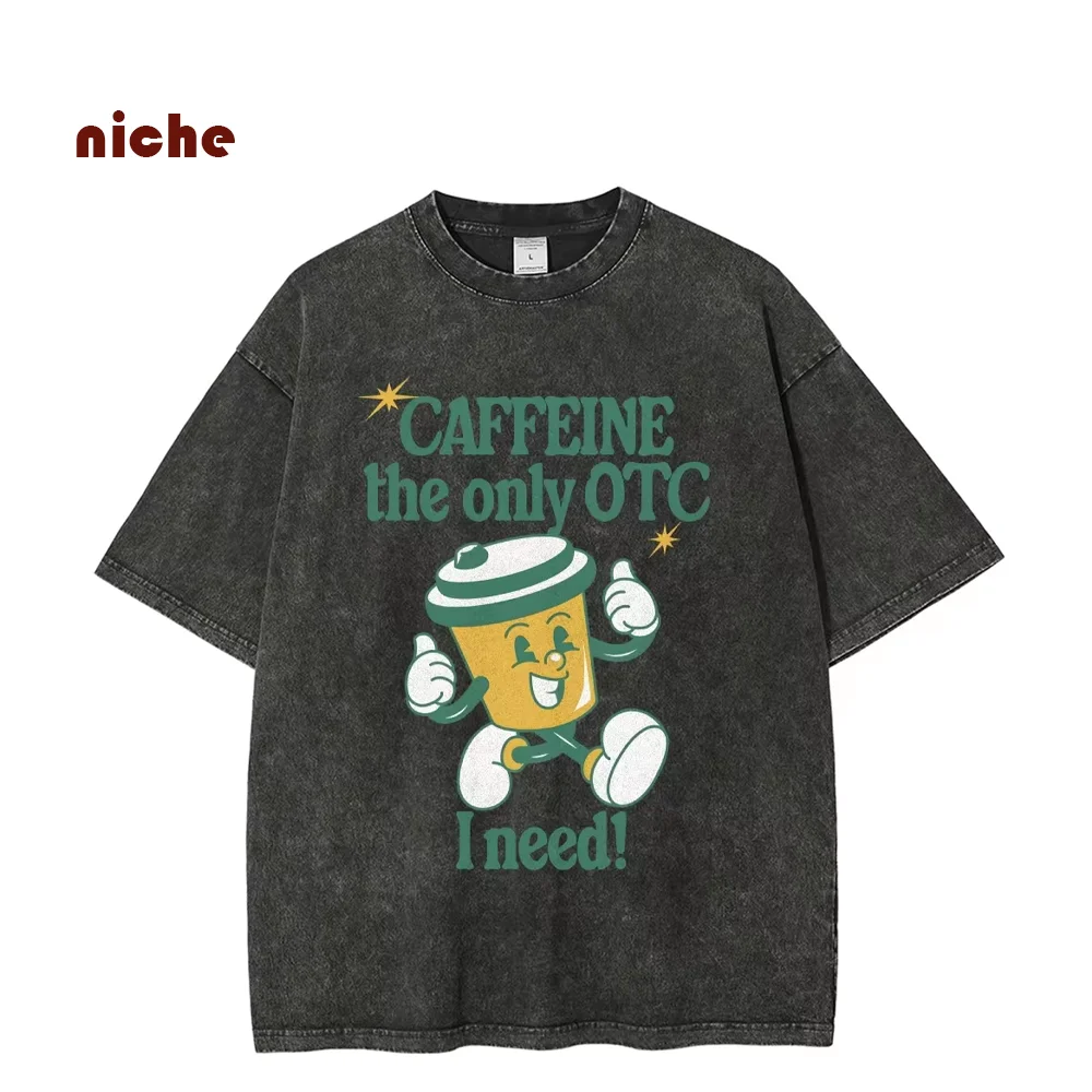 

Cartoon Beverage Character Letter Printing T-Shirt Loose Retro Simple American Neutral Style Round Neck Shoulder Short Sleeves