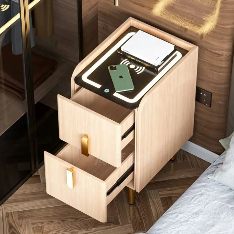 Led Night Light Taipow Wireless Charging Nightstand Modern Nordic Wooden Smart Narrow Bedside Table