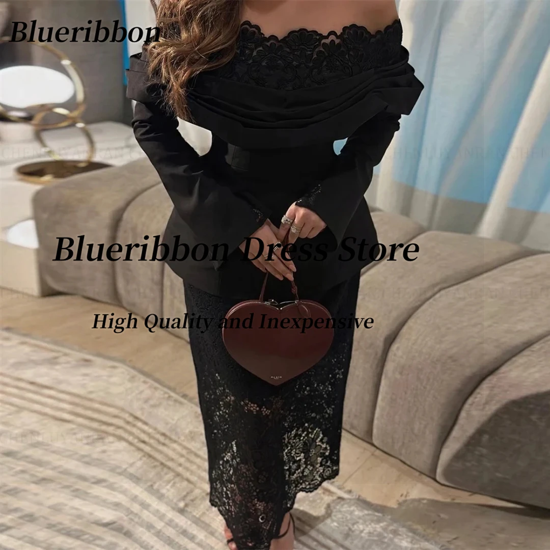 Blueribbon Black Long Sleeves Evening Dresses Bateau Neck Elegant Saudi Women Wear Prom Dress Contrast Fabric Formal Party Gowns