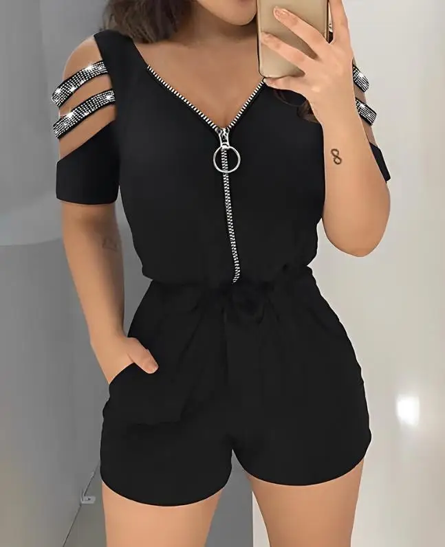 Summer Outfits for Women 2023 Fashion Zipper Design Cutout Cold Shoulder Short Sleeve Top & Casual High Waist Shorts Set Y2k New