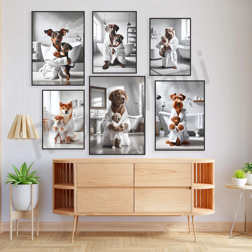 Russian terrier, border terrier, boston terrier, shar pei, rhodesian ridgeback, hound bathroom poster, funny bathroom wall decor