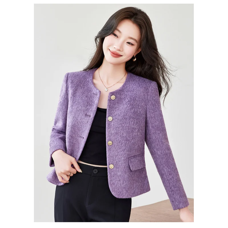 QICHE Women Fashion Outerwear Unique Mature Purple Round‑Neck Wool‑Blend Tweed‑Style Short Commuter Blazer