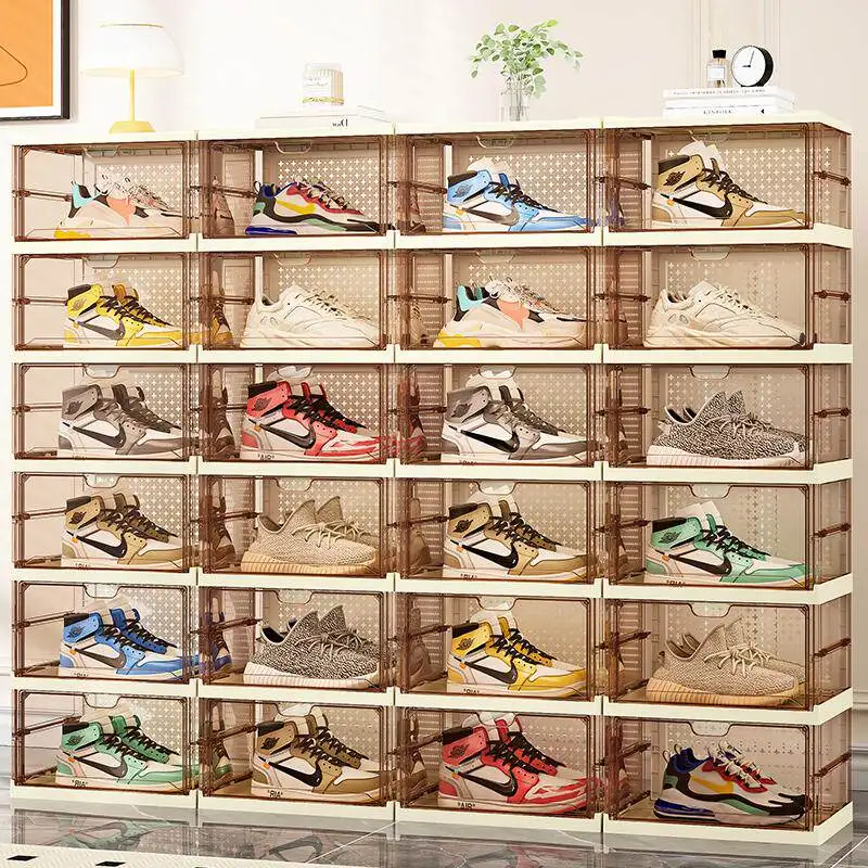 Foldable shoe box, simple storage box, magnetic suction side opening explosion space saving artifact, transparent plastic shoe