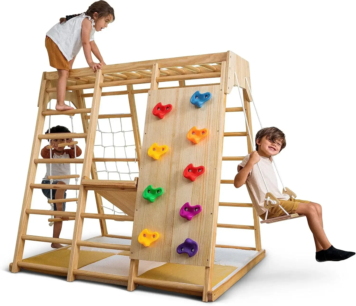 Magnolia Indoor Playground 6-in-1 Jungle Gym Montessori Waldorf Style Wooden Climber Slide, Rock Climbing Wall,