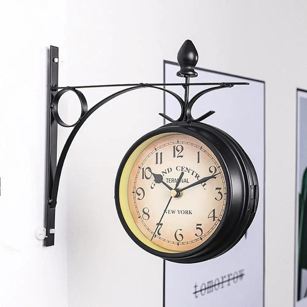 Vintage Wall Clock with Iron Rack Europe Double-sided Metal Wall Clock Indoor Digital Analog Clock Home Decoration Gift