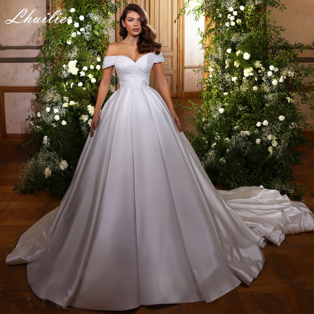 Lhuilier A Line Off the Shoulder Satin Wedding Dresses Floor Length Pearls Beaded Bridal Gowns with Chapel Train