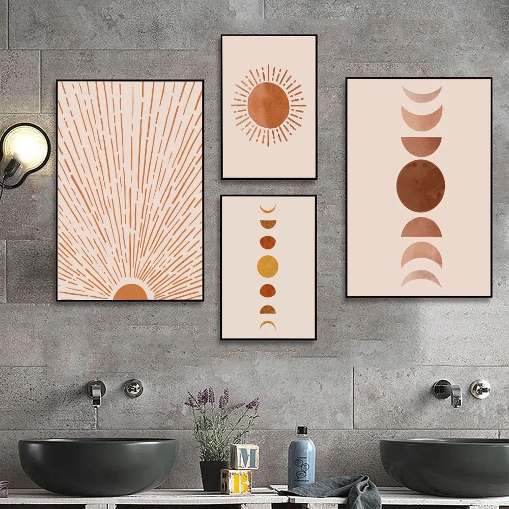 Abstract Scandinavian Wall Art Canvas Painting Sun And Moon Phases Minimalist Mid Century Poster Aesthetic Art Wall Stickers