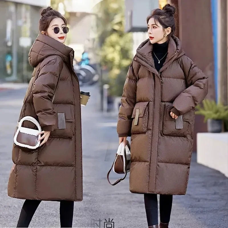 Down and Cotton Jacket Women's Long Style 2024 Winter New Loose Bread Jacket Cotton Jacket Women's Coat Solid Color Commuting WF