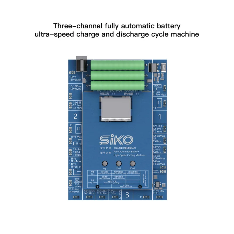 Máquina testadora de bateria de 3 canais com ciclo automático de potência 5A para baterias iPhone 11-15PM, ideal para oficinas de reparos e entusiastas de DIY