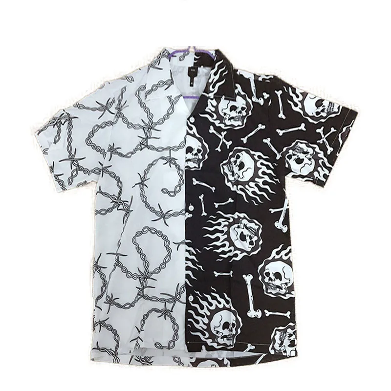 

Black White Patchwork Vintage Shirt New Summer Men Hawaiian Short Sleeve Shirt Mens Skull Print Beach Shirts Man Oversized Hemd