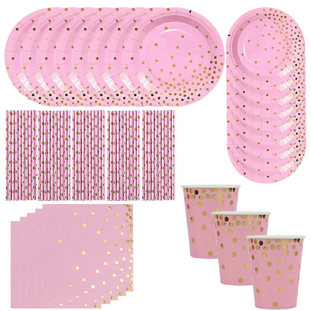 

PinK gold Party Disposable Tableware Set Paper Cups Plates Straws Cake Stand Table Decoration Wedding Birthday Party Supplies