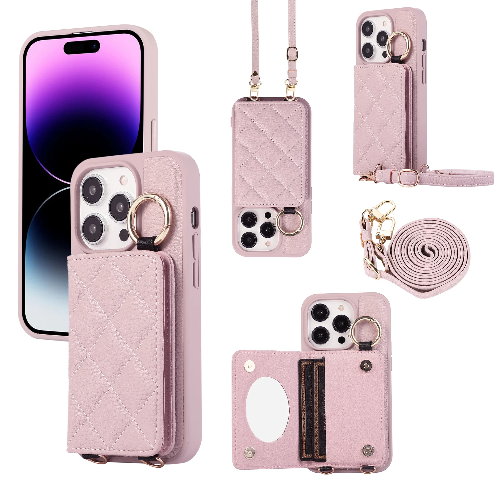 

For iPhone 15 Pro Max 14 Plus 13 12 11 Cover Luxury Lichee Pattern Card Stand Crossbody Mirror Phone Case PU Leather Wallet Case