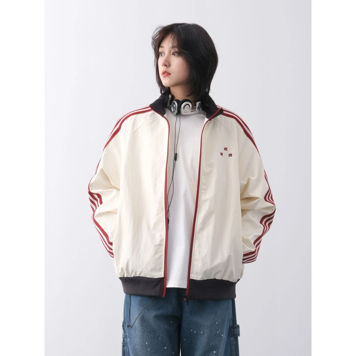 

ex Retro American Sport Sle Striped Color Blo Stand Collar Jaet Outdoor Casual Autumn Winter Outerwear for Couples