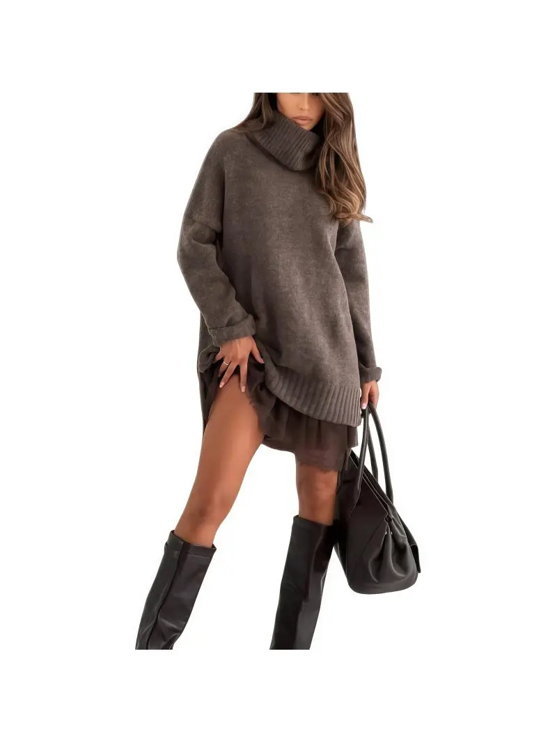 

New Women's Dress 2-piece Knitted Sweater Turtleneck Lace Loose Fashionable Drop Shoulder Long Sleeve Female's Mini Skirt