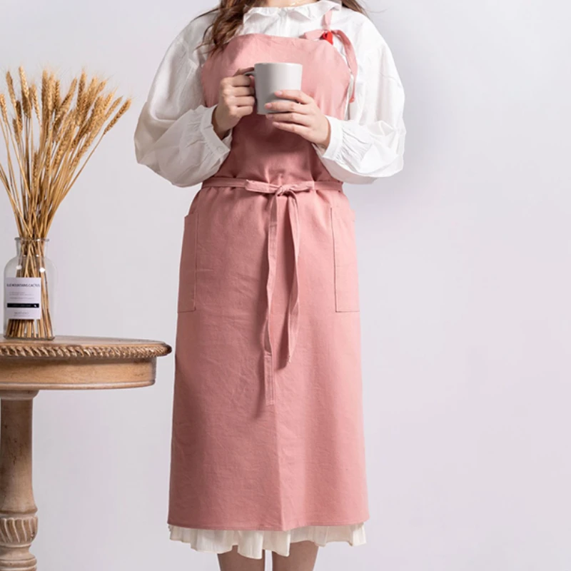 Waterproof Cotton Linen Apron Women Dress with Pocket Home Kitchen Cook Baking Pinafore Coffee Gardening Florist Work Clothes