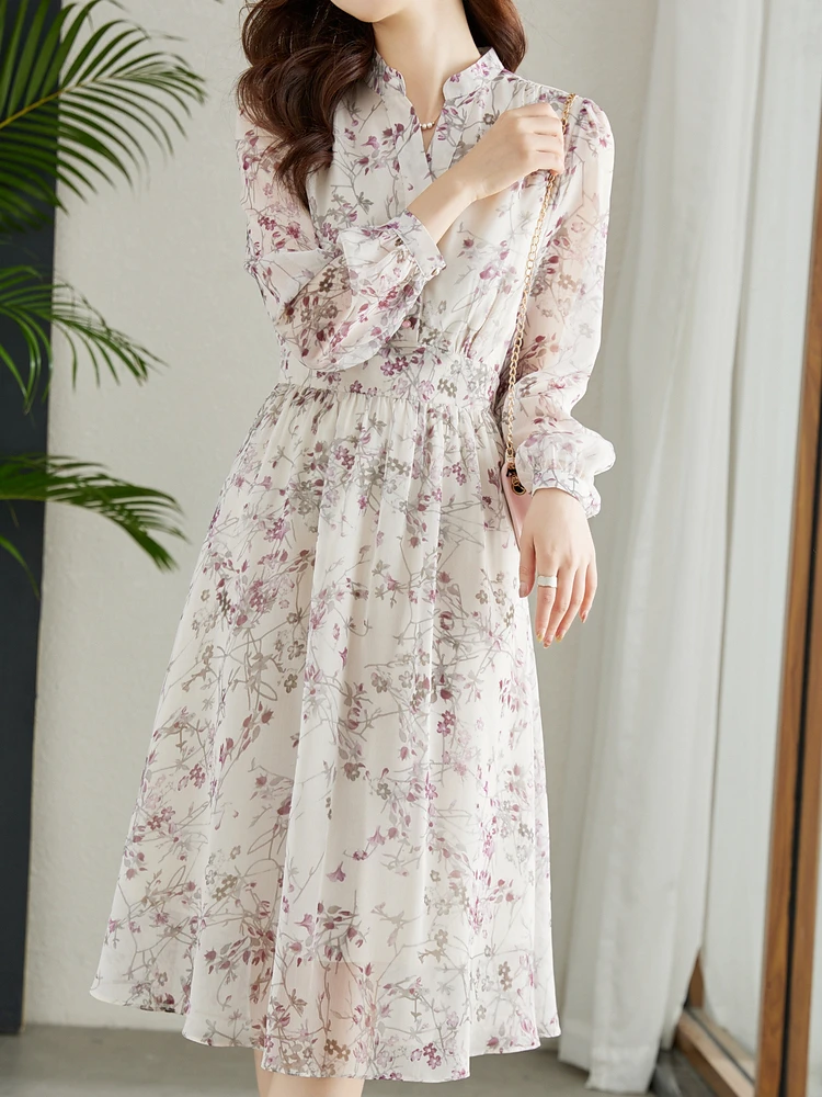 Vimly Elegant Fairycore Chiffon Dresses for Women 2024 Vinatage A-line Stand Collar Long Sleeve Vocation Floral Dress V7983