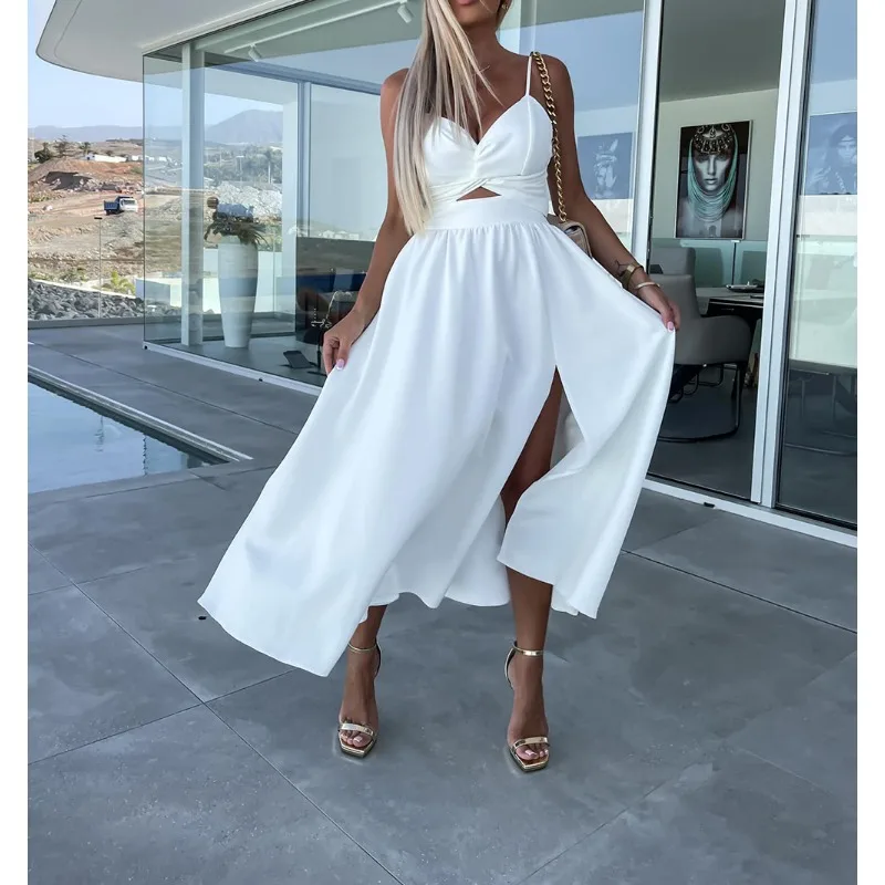 

Large Swing Dress Solid Color Hollow Out Slim Fit Y2K V-neck Camis Dress Women Summer Sleeveless Brace Backless Midi Dress