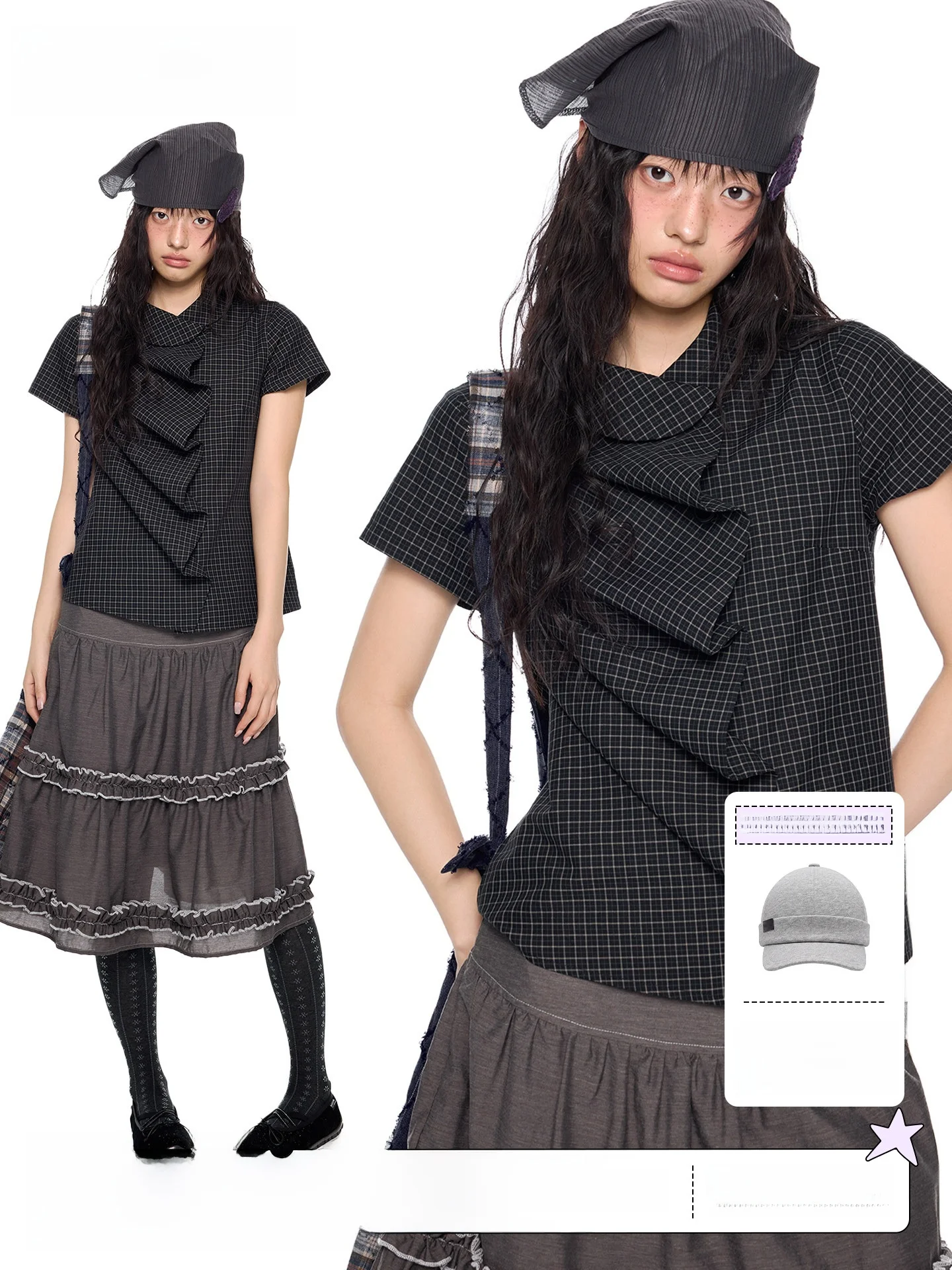 

EZEK Doll Collar Plaid Bubble Sleeve Casual Short Sleeve Women's Summer New Vintage Cotton T-Shirt Shirt Style Breathable