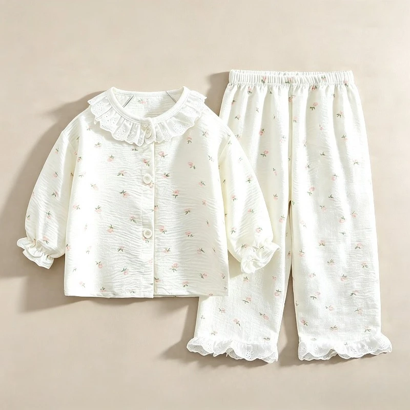 Kinder Mädchen Hauskleidung Sets Lose Dünne Kinder-Pyjamas Spitze Blumenmuster Prinzessin Langarm-Oberteil+Hose 2-teiliges Set Mädchenbekleidung – Detail 14