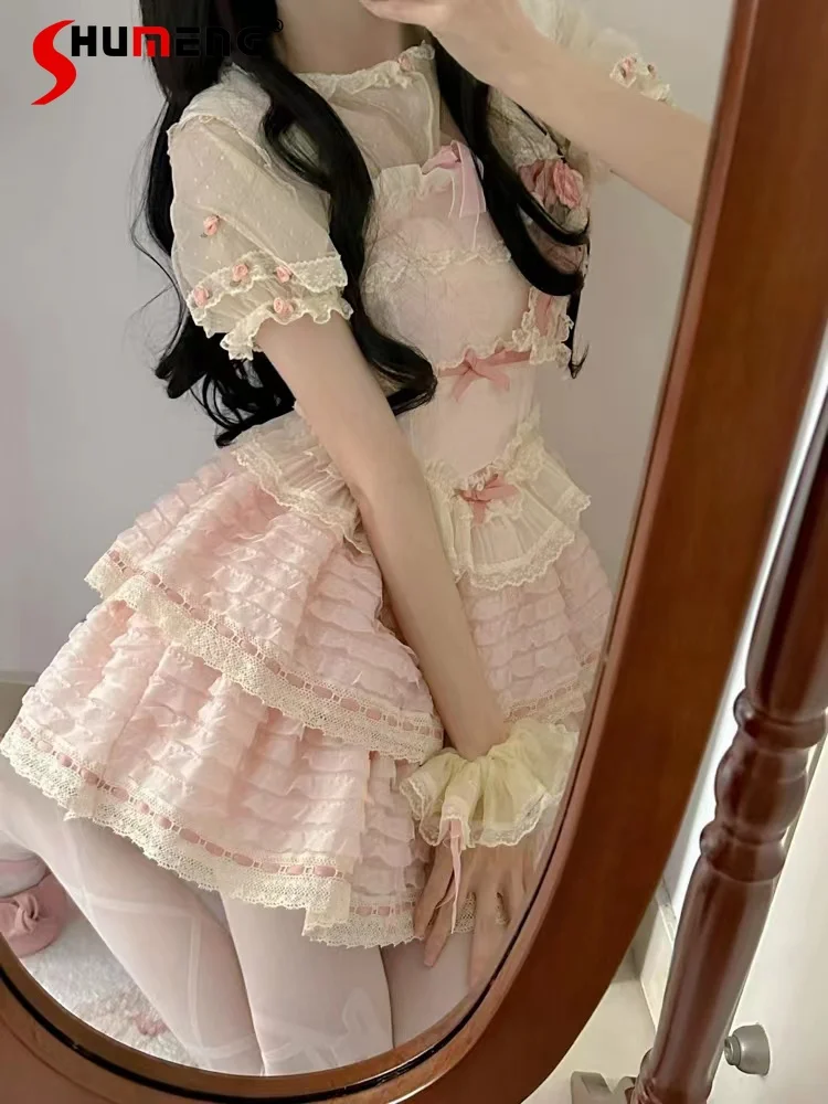 Princess Japanese Lolita Layers Strao Cake Dress Woman 2023 Summer New Kawaii Cute Pink Sweetheart Girl Tulle Tutu Short Dresses