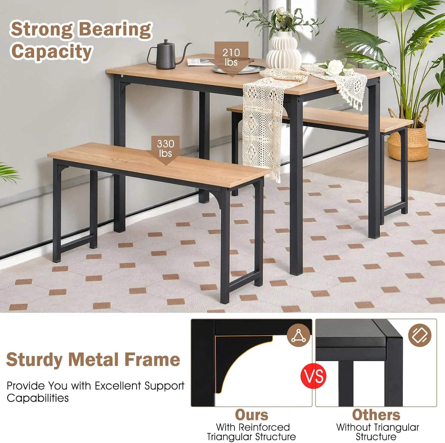 Giantex Dining Table Set For 4, Industrial Kitchen Table Set W/ 2 Benches, Space-Saving Dinette Set For Breakfast Nook, Dining