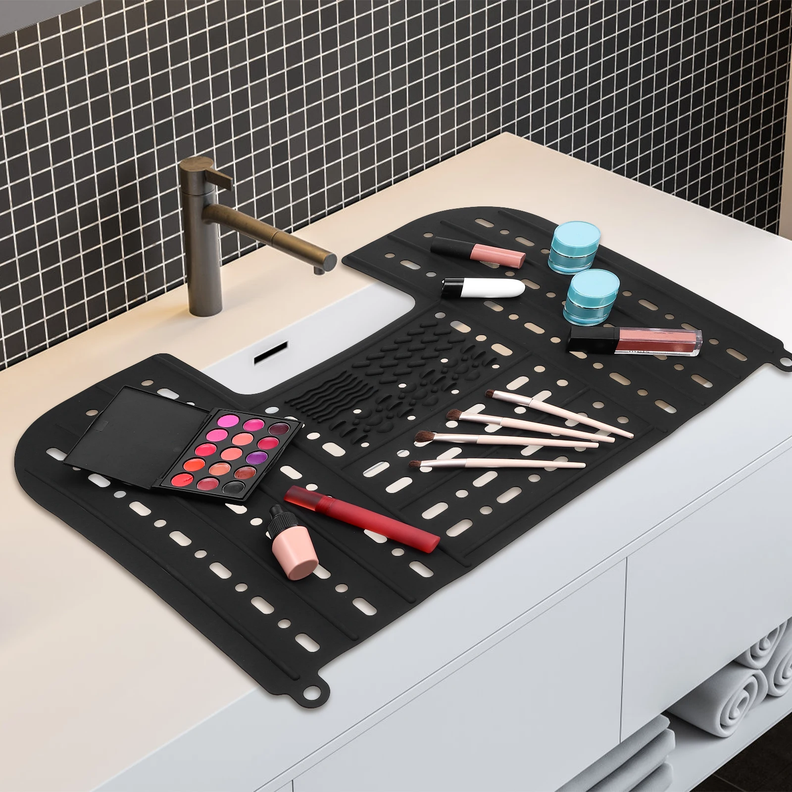 

Black 55x43cm Foldable Bathroom Sink Cover Makeup Pad Silicone Brush Cleaner Mat for Vanity Top Organizer Storage