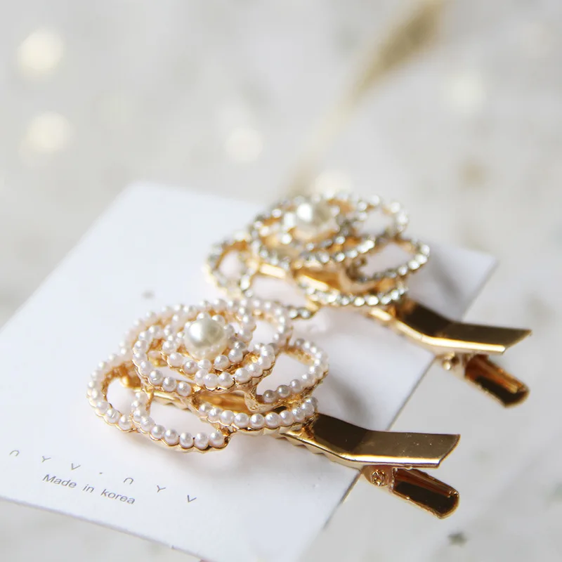 

Luxury quality jewelry Elegant Korean accessories Camellia hair clip with pearl flower for women duckbill clip