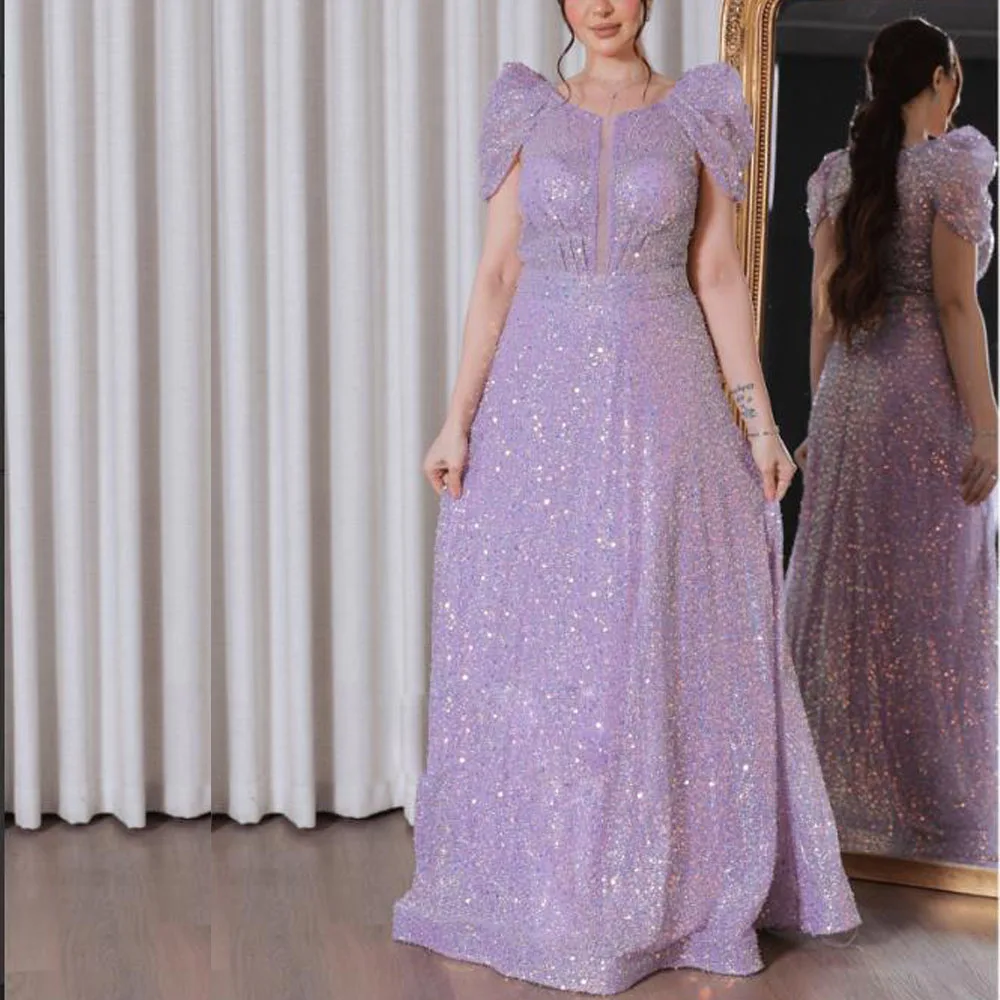맞춤형 라일락 스팽글 프롬 드레스 2025 O넥 캡 슬리브 맥시 드레스 여성용 A라인 바닥 길이 웨딩 파티 가운