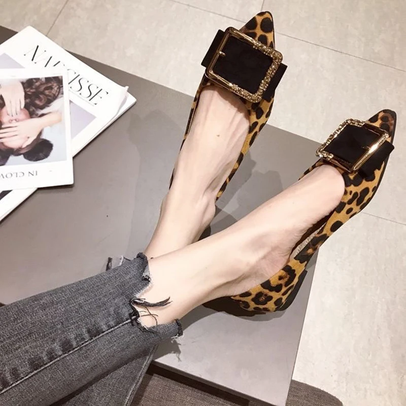 Spring Summer Leopard Shoes Pointed toe Women Flats Elegant Modern Ladies Single Shoes Soft Plus Size 42 D081