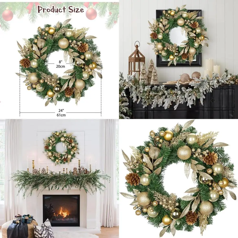 

24-кратный золотой блестящий сосновый венок с ягодами и шишками для рождественской двери, камина и декора в помещении и на открытом воздухе