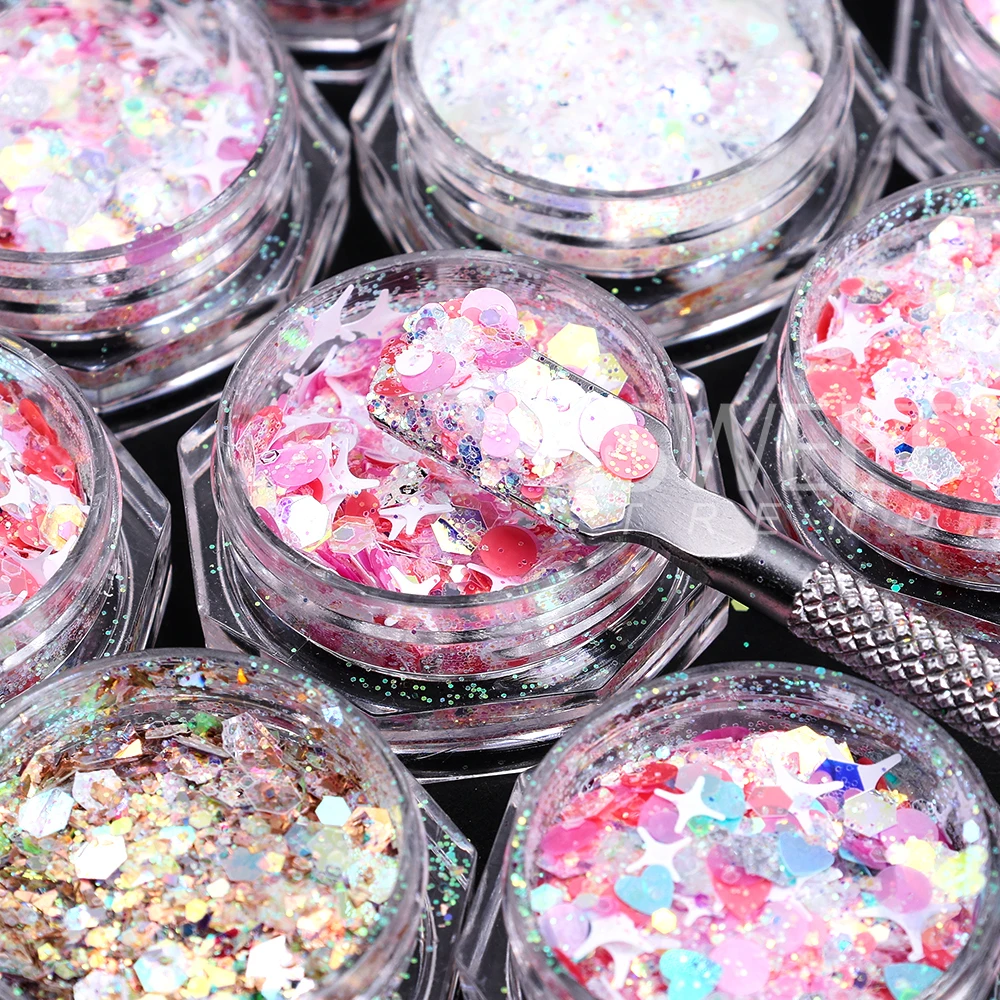 12 pz/set Olografico Y2K Stella Glitter Per Unghie Paillettes Lucido Dolce Amore Cuore Scintillante Fiocchi Paillette Accessori di San Valentino