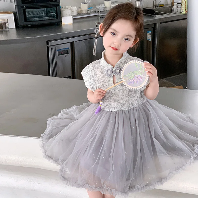 Girls Dress 2024 Summer New Childrens Wear Baby Girl Chinese Plate Buckle Birthday Skirt Little Girl Pompous Princess Dress