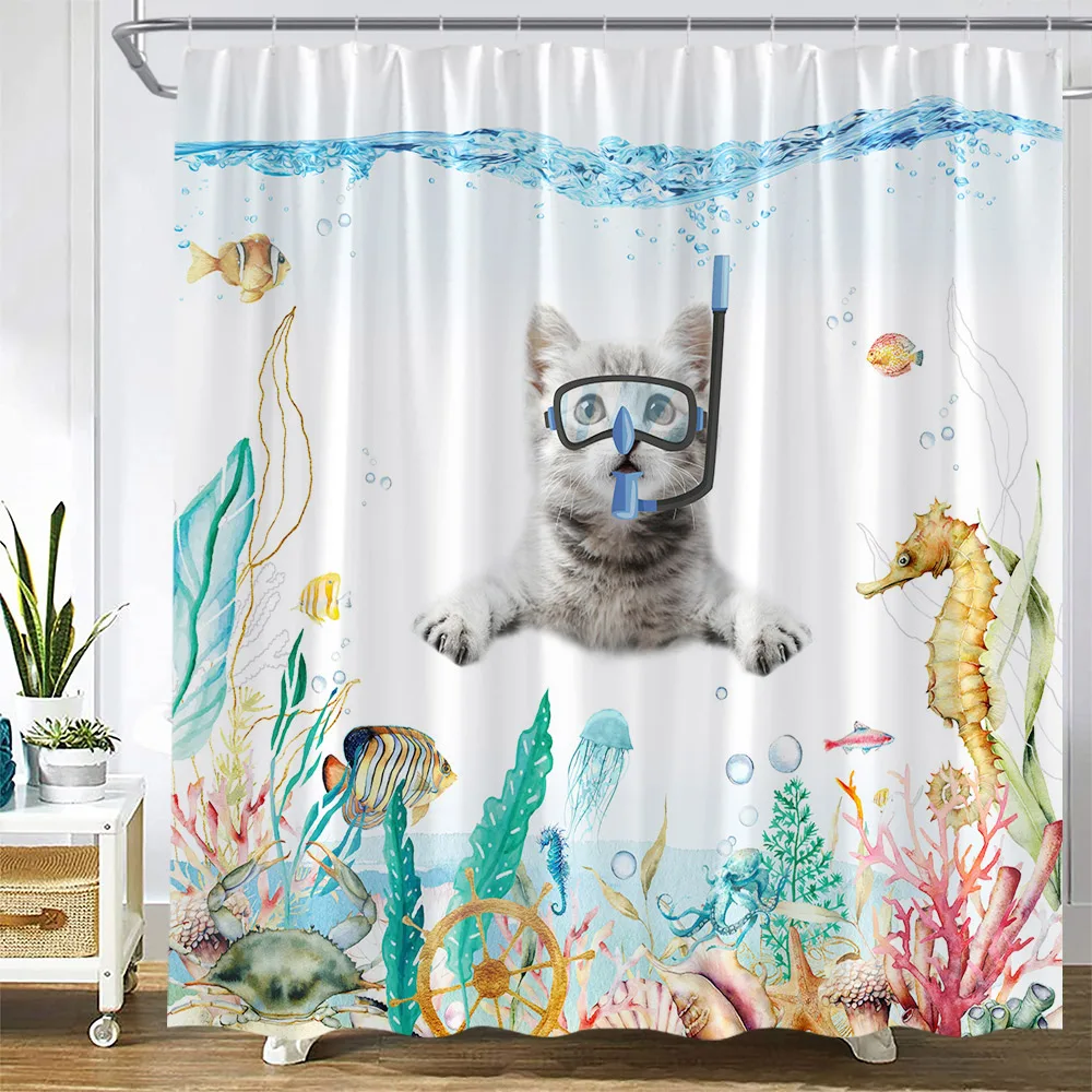 

Funny Diving Cat Shower Curtains Ocean Octopus Fish Seahorse Jellyfish Starfish Seaweed Underwater Scenery Bathroom Decor Sets