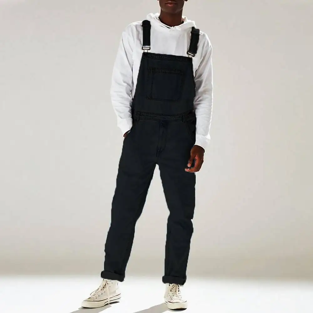 Streetwear Men's Solid Color Multi-pocket Denim Bib Overalls Casual Daily Denim Jumpsuit Fashion Male Suspender Long Pants