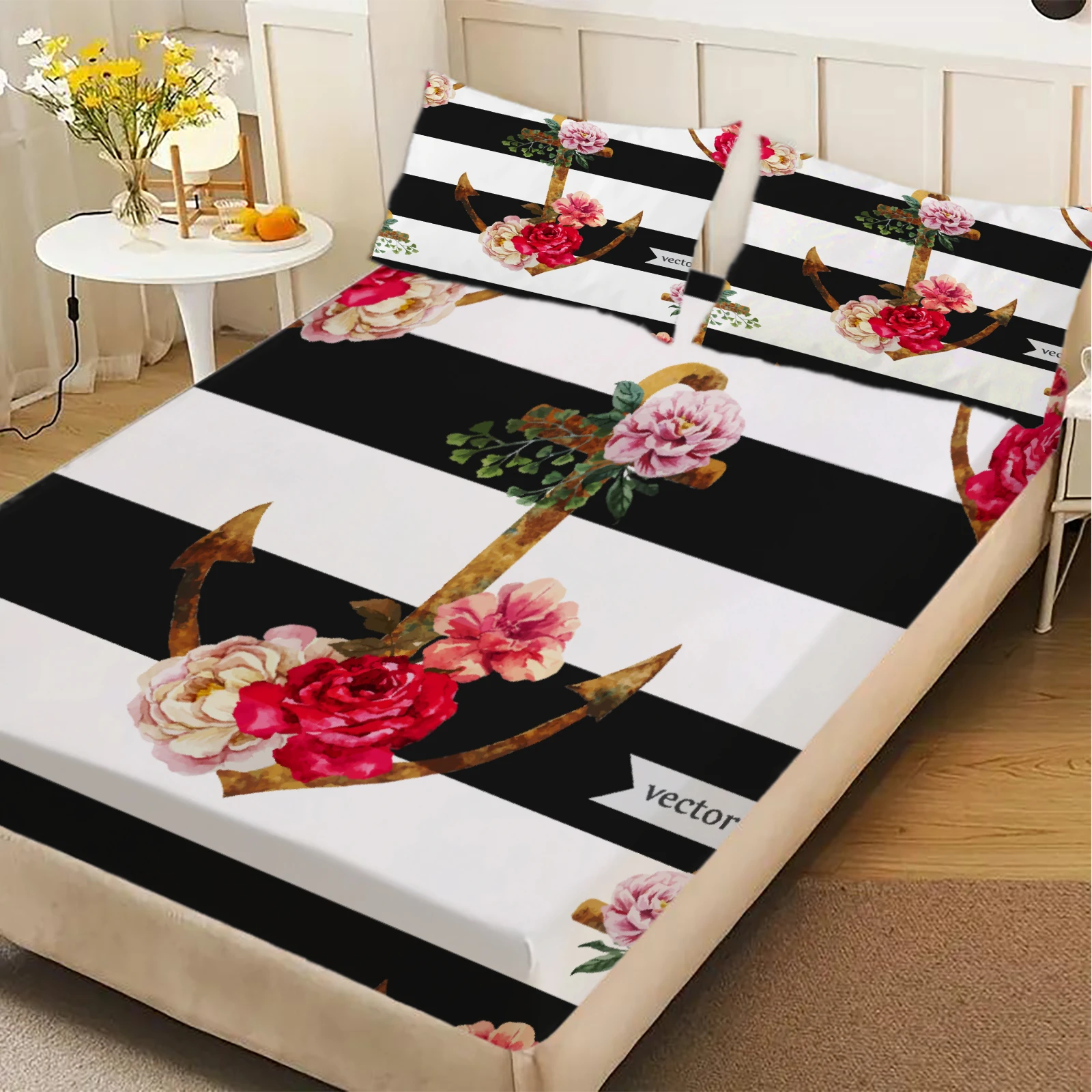 3pcs-fitted-sheet-set-anchor-roses-stripes-black-white-easy-care-durable-bed-sheet-with-pillowcases-for-bedroom-decor