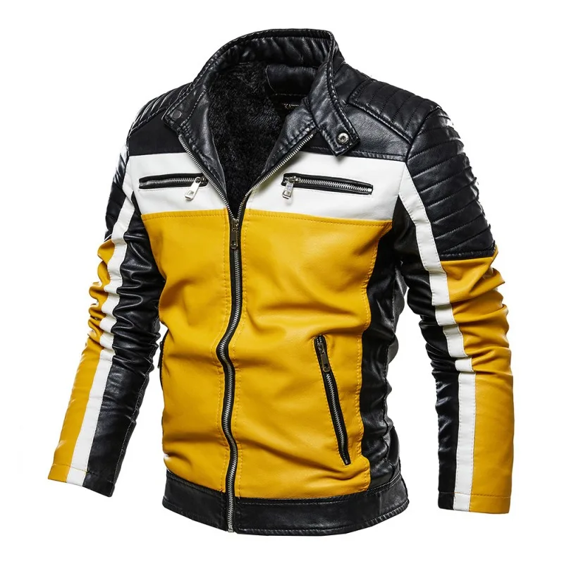 

Color Block Leather Jacket Fashionable Motorcycle Men's Zipper High Collar Pocket Cardigan Fashionable Casual Top