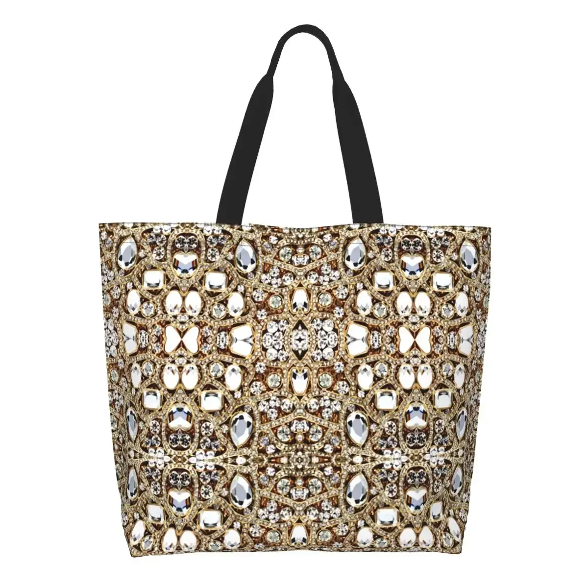 Jewelry Gemstone Silver Shopping Tote Bags Reusable Glitter Rhinestones Diamonds Groceries Canvas Shopper Shoulder Bag