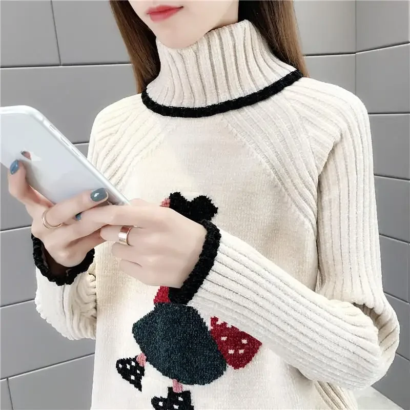 Suéter de cuello alto de chenilla para mujer, jersey con imagen de dibujos animados bordada, camisa de Base de punto suelta, primavera y otoño, 2023